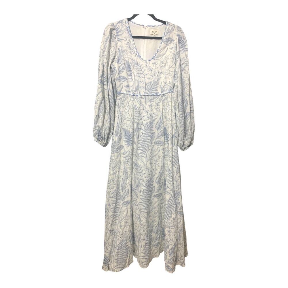AURA sz‎ XS Maxi Dress Linen Blend Puff Sleeve NWT Blue White Botanical Print